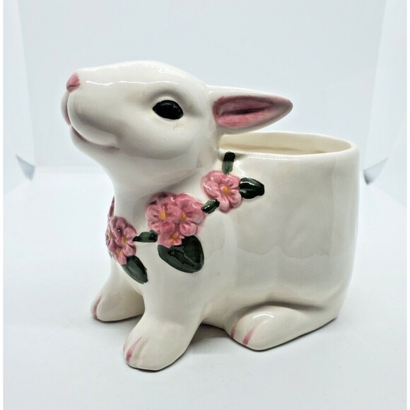 BloomRite Easter Bunny Hand Painted Pink Roses Ceramic  Planter Vintage Easter - Picture 1 of 8